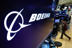 The Boeing logo appears above a trading post on the floor of the New York Stock Exchange on March 11, 2019.