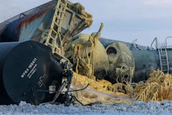 Train cars pile up after a BNSF freight train derailed on March 30, 2023, near Raymond, Minn.