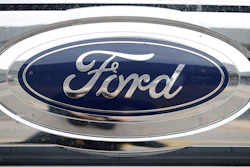 The Ford company logo is pictured, Oct. 20, 2019, at a Ford dealership in Littleton, Colo.