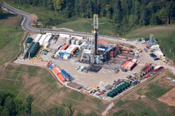 An aerial view of a natural gas well being drilled in northwestern West Virginia in the Marcellus Shale Formation, photograph taken August 2020.