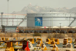 Storage tanks are seen at the North Jiddah bulk plant, an Aramco oil facility, in Jiddah, Saudi Arabia, on March 21, 2021.