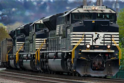 A Norfolk Southern freight train makes it way through Homestead, Pa., April 27, 2022.