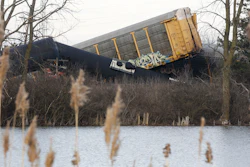 Derailed cars on a Norfolk Southern cargo train near Springfield, Ohio, March 4, 2023.