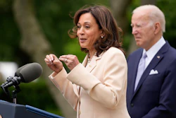 President Joe Biden listens as Vice President Kamala Harris speaks in the Rose Garden of the White House in Washington, Monday, May 1, 2023, about National Small Business Week.