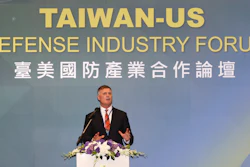 Retired U.S. Marine Corps Lt. Gen. Steven Rudder delivers a speech during the Taiwan-U.S. Defense Industry Forum at the Taipei International Convention Center in Taipei, Taiwan, Wednesday, May 3, 2023.