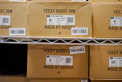 Boxes containing Yeezy shoes made by Adidas are seen at Laced Up, a sneaker resale store, in Paramus, N.J., Tuesday, Oct. 25, 2022.