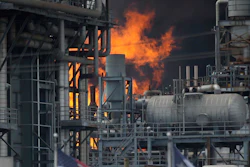 A fire burns at a Shell chemical facility in Deer Park, Friday, May 5, 2023 east of Houston.