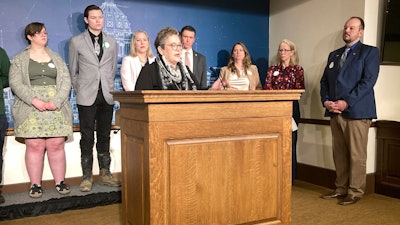 Dana Strande speaks at a news conference at the Minnesota State Capitol on Tuesday, May 9, 2023, in St. Paul, Minn., in support of state legislation to ban non-essential uses of 'forever chemicals' also known as PFAS. The legislation is named after his daughter, Amara Strande, who spent the last months of her life campaigning for restrictions that will be some of the toughest in the country.
