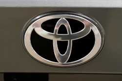 Shown is a Toyota logo at the Philadelphia Auto Show, Friday, Jan. 27, 2023, in Philadelphia.