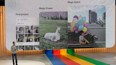 Alphabet CEO Sundar Pichai speaks at a Google I/O event in Mountain View, Calif., Wednesday, May 10, 2023.