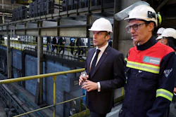 French President Emmanuel Macron visits the Aluminium Dunkerque factory in Dunkirk, northern France, Friday, May 12, 2023.