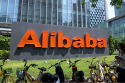 The logo of Chinese technology firm Alibaba at its office in Beijing, Aug. 10, 2021.