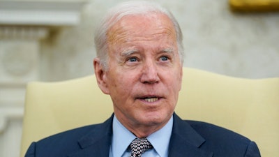 President Joe Biden speaks as he meets with House Speaker Kevin McCarthy of Calif., to discuss the debt limit in the Oval Office of the White House, Monday, May 22, 2023, in Washington.