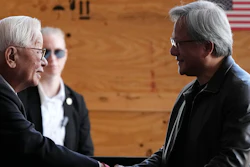 Taiwan Semiconductor Manufacturing Company founder Morris Chang, left, shakes hands with Nvidia Co-founder, President, and CEO Jensen Huang, right, at the TSMC facility under construction in Phoenix, Tuesday, Dec. 6, 2022.