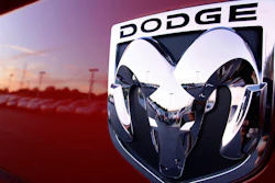 The Dodge logo is seen on a new Dodge RAM 3500 Heavy Duty pickup trucks at sunset at a dealership in Springfield, Ill., Aug. 15, 2010.