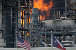 A fire burns at a Shell chemical facility in Deer Park, Friday, May 5, 2023 east of Houston.