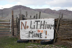 A 'No Lithium No Mine' sign is displayed on April 24, 2023, on the Fort McDermitt Indian Reservation, near McDermitt, Nev.