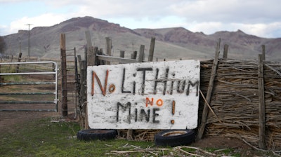 A 'No Lithium No Mine' sign is displayed on April 24, 2023, on the Fort McDermitt Indian Reservation, near McDermitt, Nev.