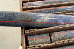A core sample drilled from underground rock near Ely, Minn., shows a band of shiny minerals on Oct. 4, 2011, containing copper, nickel and precious metals, center, that Twin Metals Minnesota LLC hopes to mine near the Boundary Waters Canoe Area Wilderness in northeastern Minnesota.