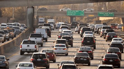 Traffic navigates Hollywood Freeway in Los Angeles, Dec. 12, 2018.