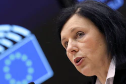 European Commissioner for Values and Transparency Vera Jourova addresses the plenary at the European Parliament in Brussels, Thursday, March 25, 2021.