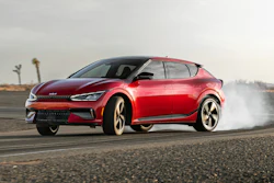 This photo provided by Kia, shows the 2023 Kia EV6 GT, a performance variant of their all-electric compact SUV.