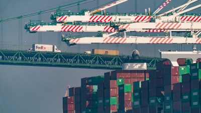 The Vincent Thomas Bridge over the Evergreen terminal at the Port of Los Angeles, San Pedro, Calif., Nov. 30, 2021.
