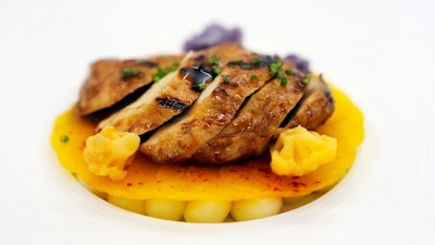 A prepared dish of Good Meat's cultivated chicken is shown at the Eat Just office in Alameda, Calif., Wednesday, June 14, 2023.