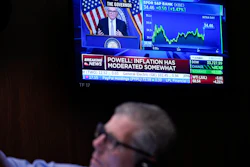 Federal Reserve Chairman Jerome Powell on a monitor at the New York Stock Exchange, May 3, 2023.