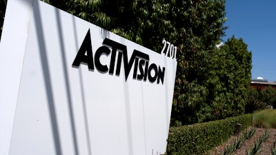 A sign is seen outside the Activision building in Santa Monica, Calif. on Wednesday, June 21, 2023. A federal judge has temporarily blocked Microsoft's planned $69 billion purchase of video game company Activision Blizzard.