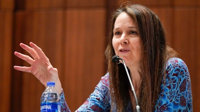 Jen Easterly, director of the Department of Homeland Security's Cybersecurity and Infrastructure Security Agency, speaks at the National Association of Secretaries of State winter meeting, Feb. 16, 2023, in Washington. U.S. officials say the Department of Energy and several other federal agencies were compromised in a Russian cyber-extortion gang's global hack of a file-transfer program popular with corporations and governments.