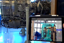The Percept tool scanning a V2500 engine on a mobile device.