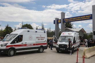 Ambulances park outside a compound of the state-owned Mechanical and Chemical Industry Corporation on the outskirts of Ankara, Turkey, Saturday, June 10, 2023.