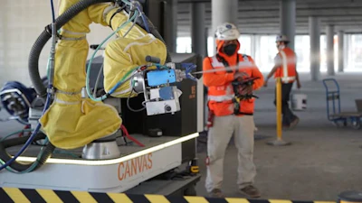 In a move that could transform drywall finishing applications, in May 2023, Canvas announced a strategic partnership with USG Group, the inventor of drywall, to align USG’s construction materials expertise with Canvas’ robotics knowhow. Here the system, which includes a cobot from Universal Robots, is shown applying drywall finish by spraying the surface.