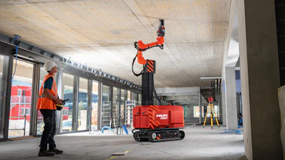 The Hilti Jaibot, which can operate for eight hours on a single charge, boosts productivity and quality on drilling tasks, while improving ergonomics for existing workers. Jaibot includes a cobot from Universal Robots mounted on mobile platform with a 7th axis, enabling it to perform overhead marking and drilling tasks.