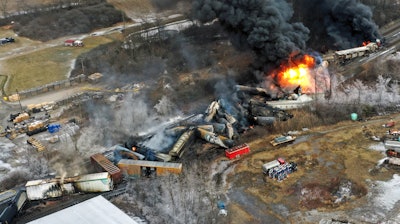 A derailed Norfolk Southern freight train in East Palestine, Ohio, Feb. 4, 2023.