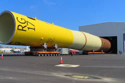 A giant monopile, the foundation for an offshore wind turbine, sits on rollers at the Paulsboro Marine Terminal in Paulsboro, N.J. on Thursday, July 6, 2023, when New Jersey Gov. Phil Murphy planned to sign a bill granting a tax break to offshore wind developer Orsted.