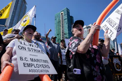 Striking port workers from the International Longshore and Warehouse Union Canada at a rally in Vancouver, July 9, 2023.