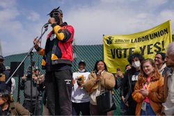 Christian Smalls, president of the Amazon Labor Union, speaks at a rally outside an Amazon facility on Staten Island in New York, Sunday, April 24, 2022.