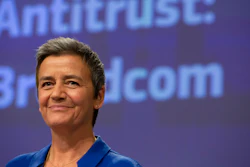 European Commissioner for Competition Margrethe Vestager speaks during a media conference regarding an anti-trust decision on Broadcom at EU headquarters in Brussels, Wednesday, Oct. 16, 2019.