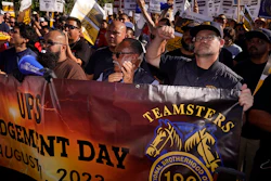UPS teamsters and workers hold a rally in downtown Los Angeles, July 19, 2023.