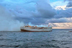 Smoke and flames on a freight ship in the North Sea off the Dutch island of Ameland, July 26, 2023.