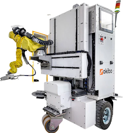 Okibo’s construction cobot incorporates a cobot from Universal Robots, enabling it to perform painting, coating, and drywall finishing tasks at a 50% reduction in cost versus manual equivalents.