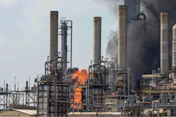 A fire burns at a Shell chemical facility in Deer Park, Friday, May 5, 2023, east of Houston. Texas is suing Shell and is seeking more than $1 million, alleging a fire at the oil giant's Houston-area petrochemical plant damaged the environment.