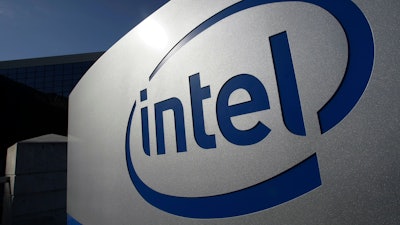 The Intel logo is displayed on the exterior of Intel headquarters in Santa Clara, Calif., Jan. 12, 2011.