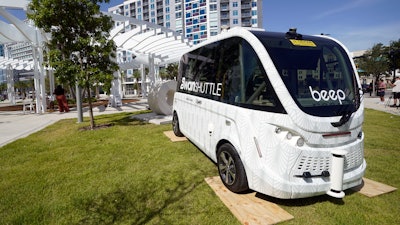 The new self driving SWAN (Shuttling with Autonomous Navigation) shuttle bus is displayed Wednesday, Aug. 16, 2023, in Orlando, Fla.