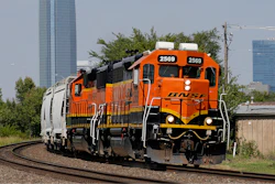 A BNSF locomotive heads south out of Oklahoma City, Sept. 14, 2022.