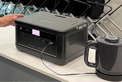 Nissan's new portable power station is displayed at Nissan headquarters in Yokohama, south of Tokyo, Thursday, Aug. 31, 2023, reusing battery stacks from the Nissan Leaf electric car.