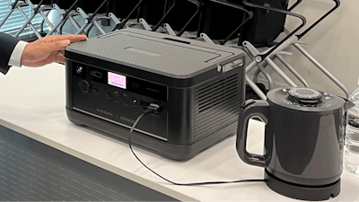 Nissan's new portable power station is displayed at Nissan headquarters in Yokohama, south of Tokyo, Thursday, Aug. 31, 2023, reusing battery stacks from the Nissan Leaf electric car.