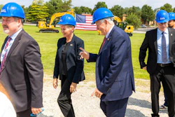Missouri Governor Mike Parson (center) speaks with U.S. Secretary of Energy Jennifer M. Granholm following a groundbreaking ceremony Tuesday, Aug. 8, 2023 at the site of ICL’s future battery materials manufacturing facility in St. Louis.
